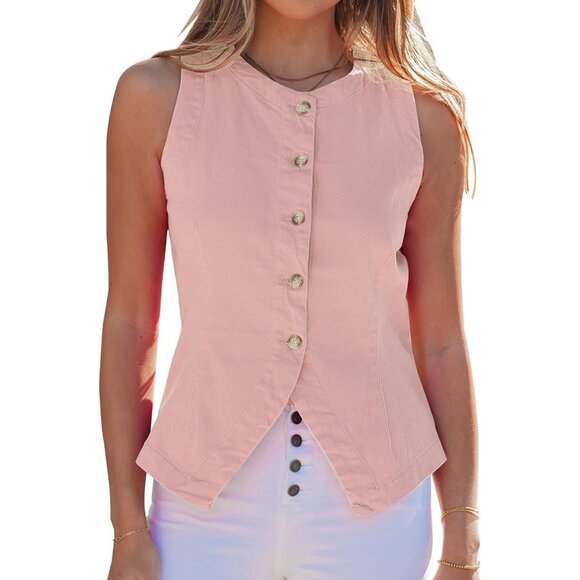 Jackets & Blazers - Women's Pink Sleeveless Strechy Jean Vest Top Button Down Denim Vest Crewneck